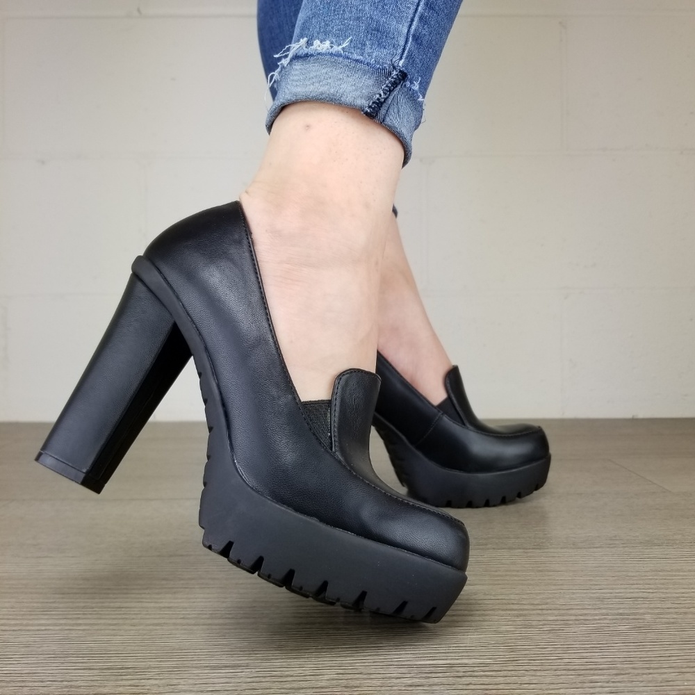 Slip on rockabilly Chunky Heels Faux Leather - Picture 2 of 8
